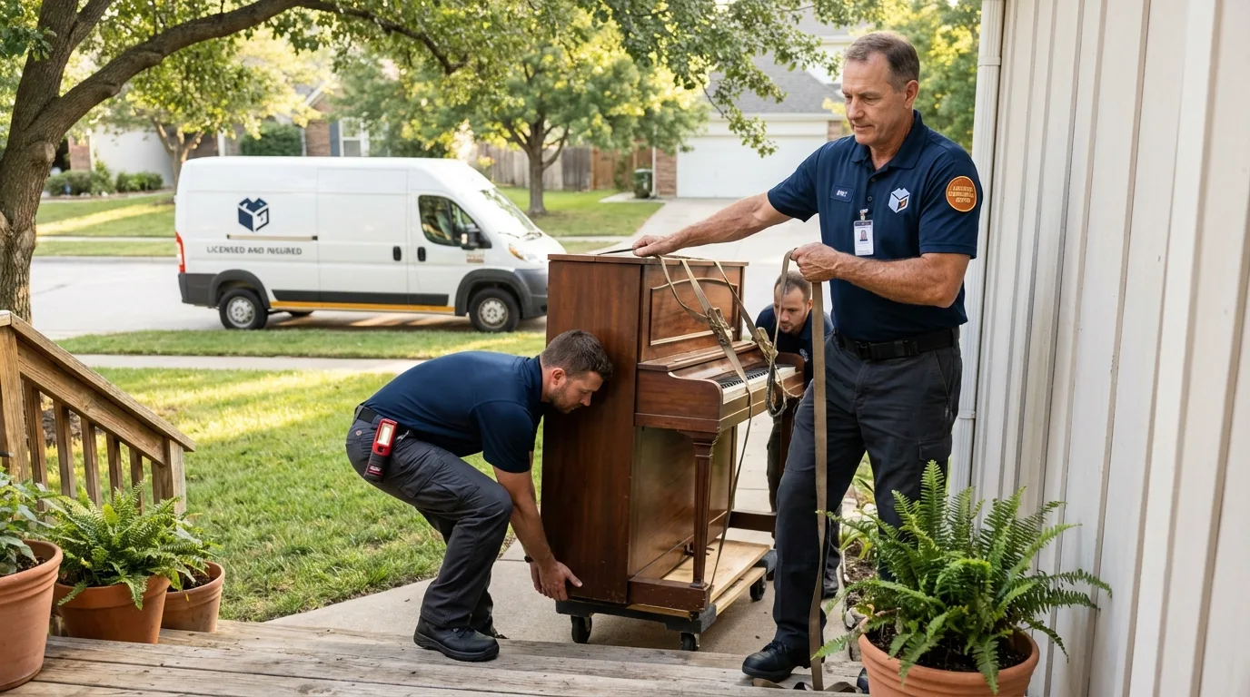 Licensed piano movers securing grand piano in Weatherly, PA