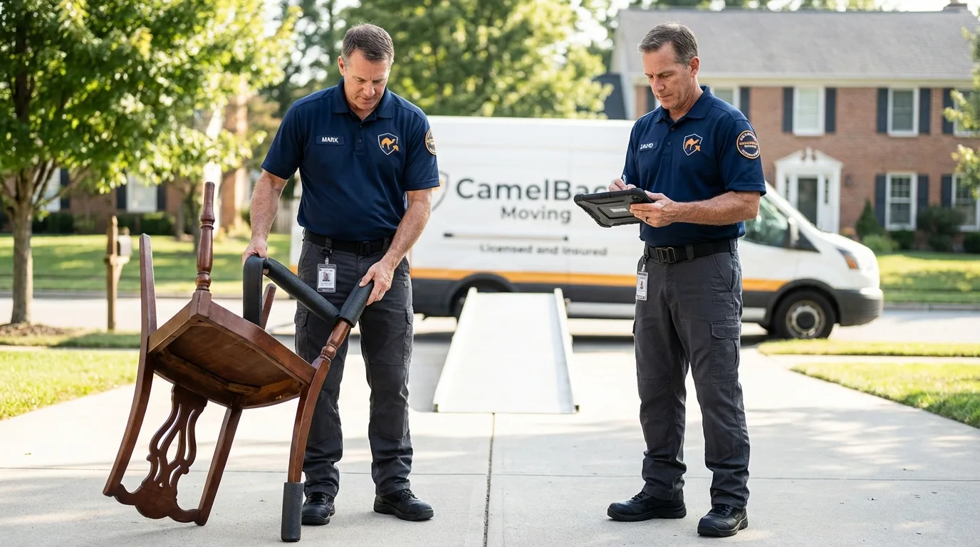 Movers inspecting furniture for damage prevention before loading in Weatherly, PA