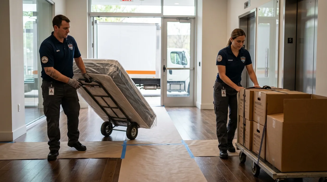 Professional apartment movers loading elevator in Weatherly, PA