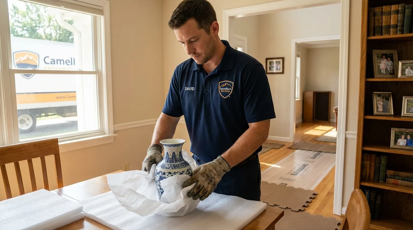 Professional crew carefully wrapping antique vase for senior downsizing move in Weatherly, PA